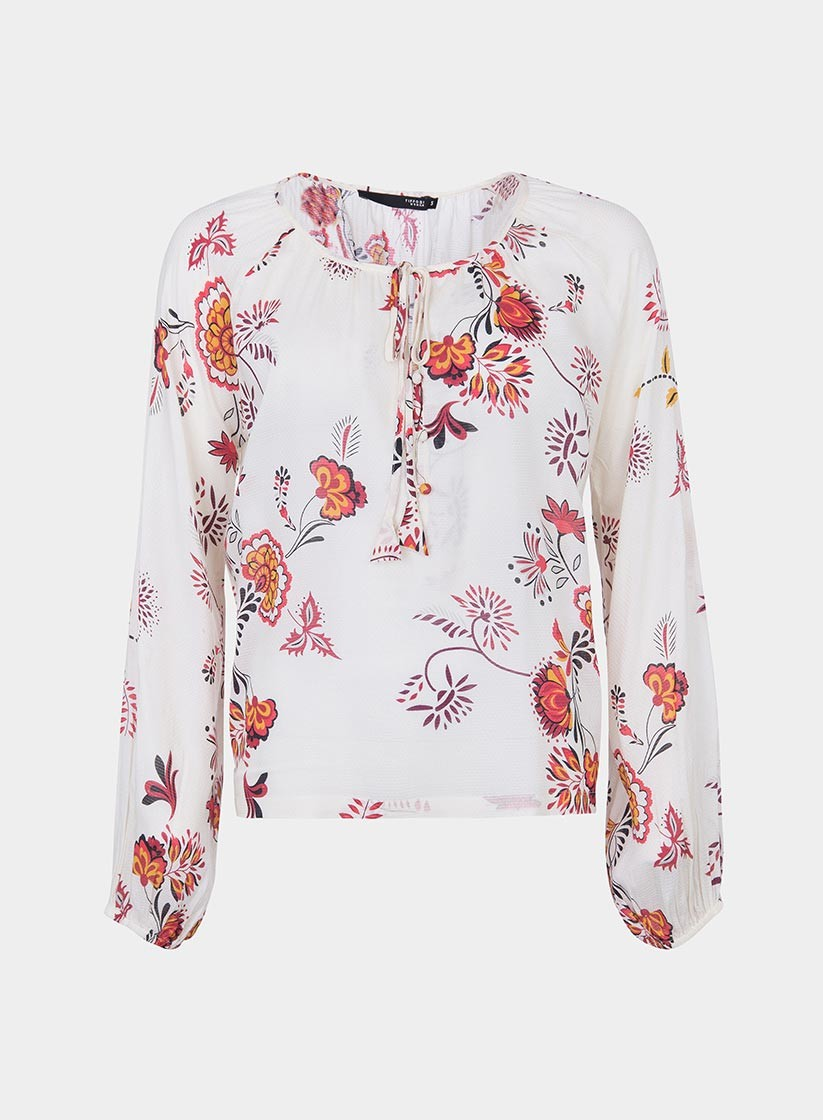 Frente isolada de blusa com estampa floral em tons de cru da Tiffosi