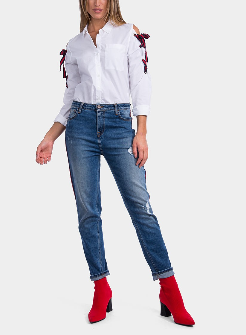 Frente de blusa com laços bicolor da Tiffosi