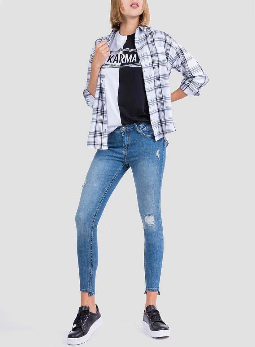 Frente de camisa xadrez branco com Ilhós para mulher da Tiffosi