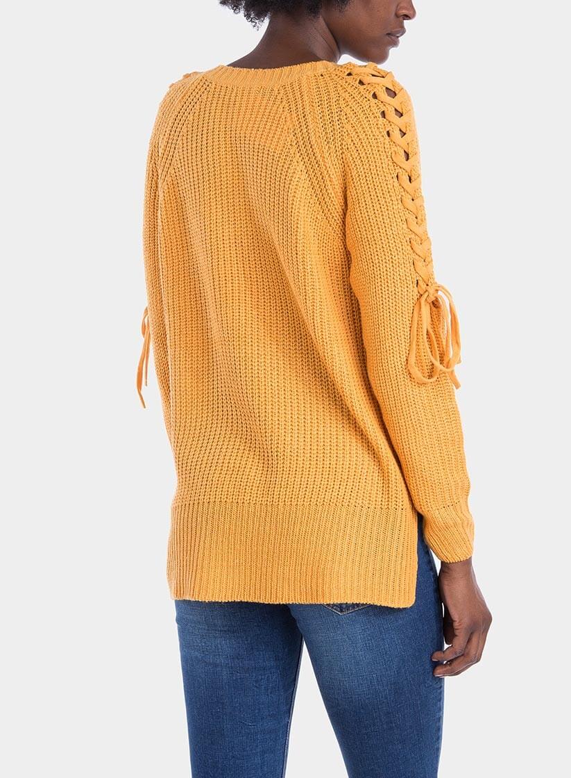 Costas de camisola decote em V manga entrançada em amarelo para mulher da Tiffosi