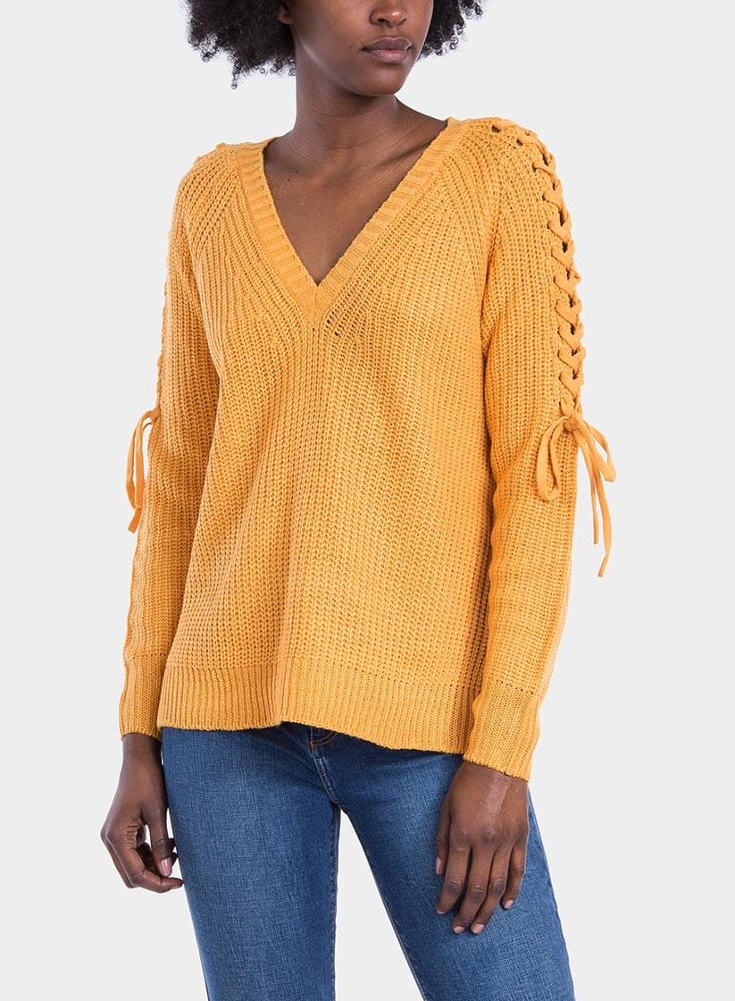 Frente de camisola decote em V manga entrançada em amarelo para mulher da Tiffosi