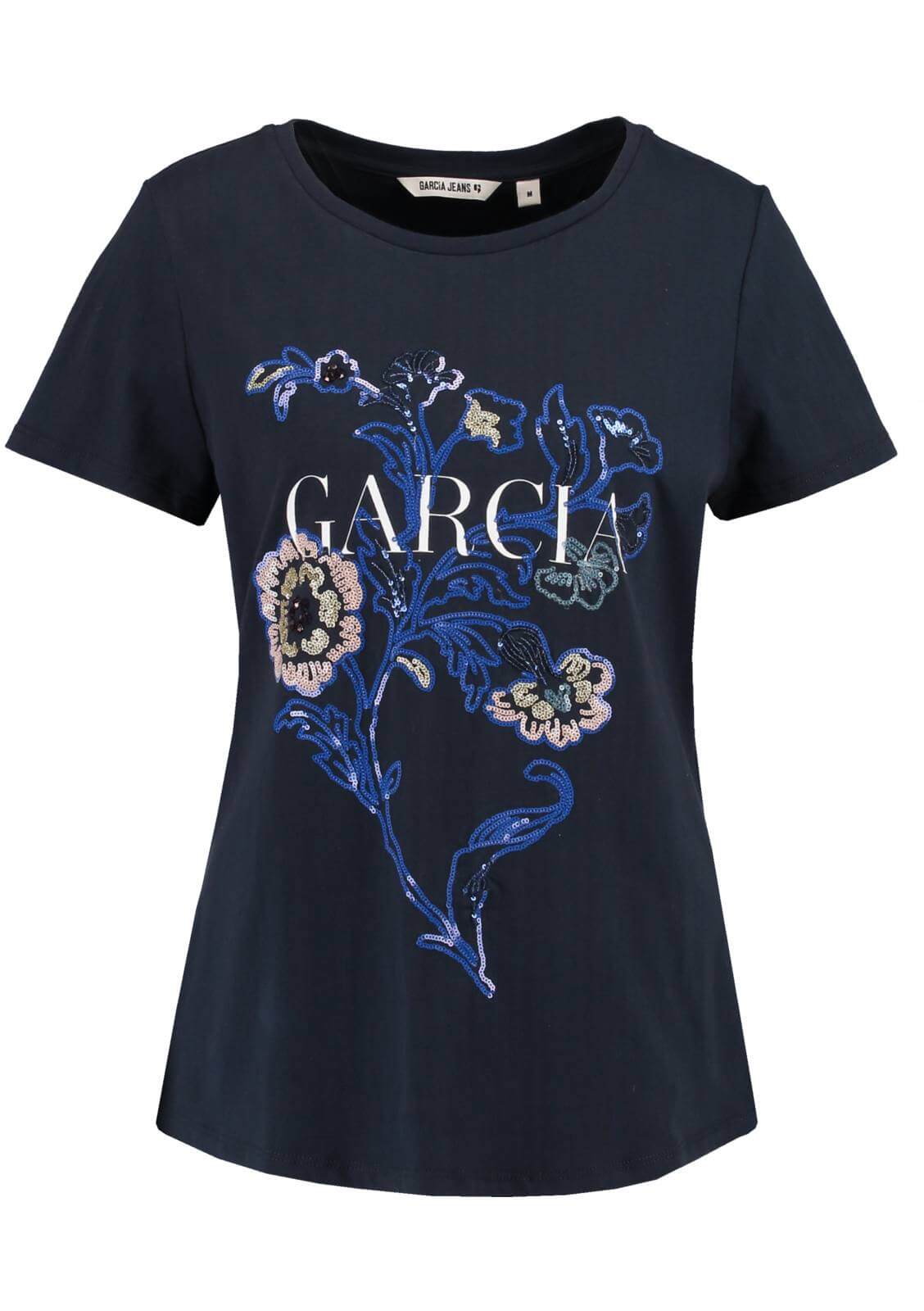 T-shirt bordada com lantejoulas em azul marino para mulher da Garcia Jeans