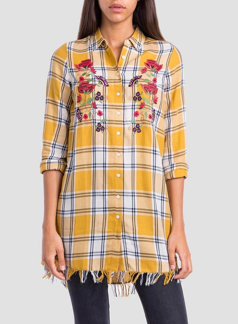 Camisa comprida xadrez bordado floral para mulher da Tiffosi