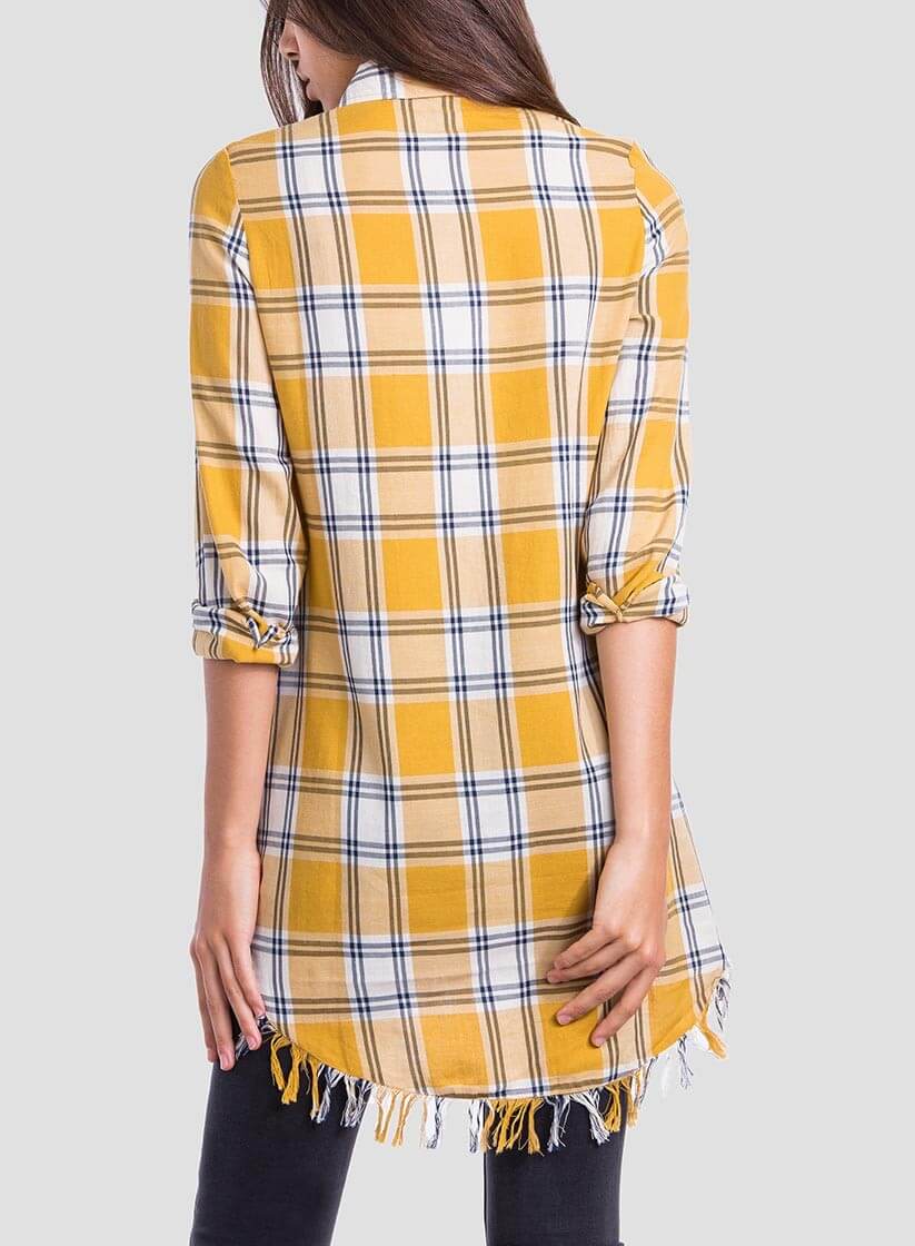 Costas da camisa comprida xadrez bordado floral para mulher da Tiffosi