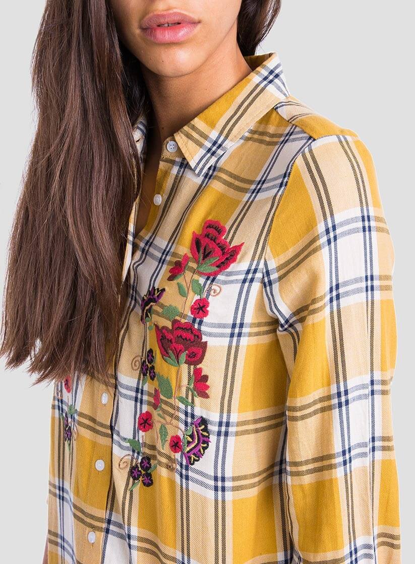 Camisa comprida xadrez bordado floral para mulher da Tiffosi