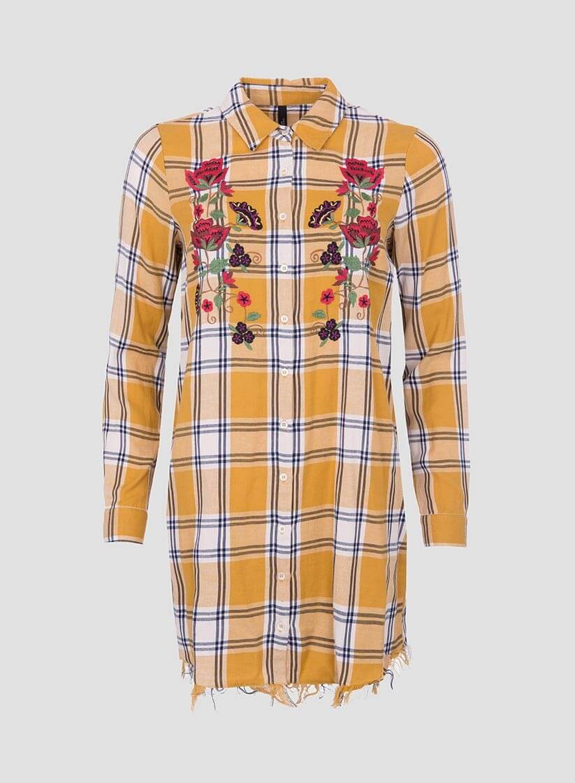 Camisa comprida xadrez bordado floral para mulher da Tiffosi