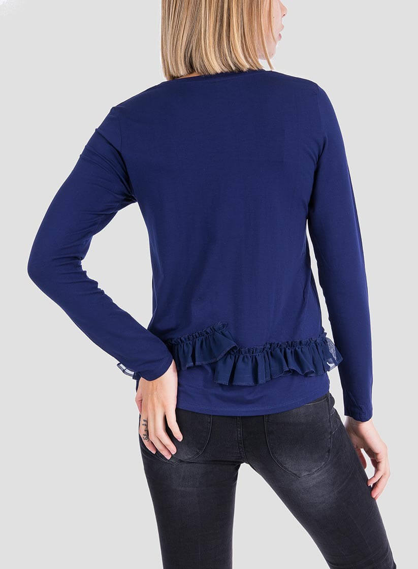 Costas da camisola estampada azul com folhos para mulher da Tiffosi