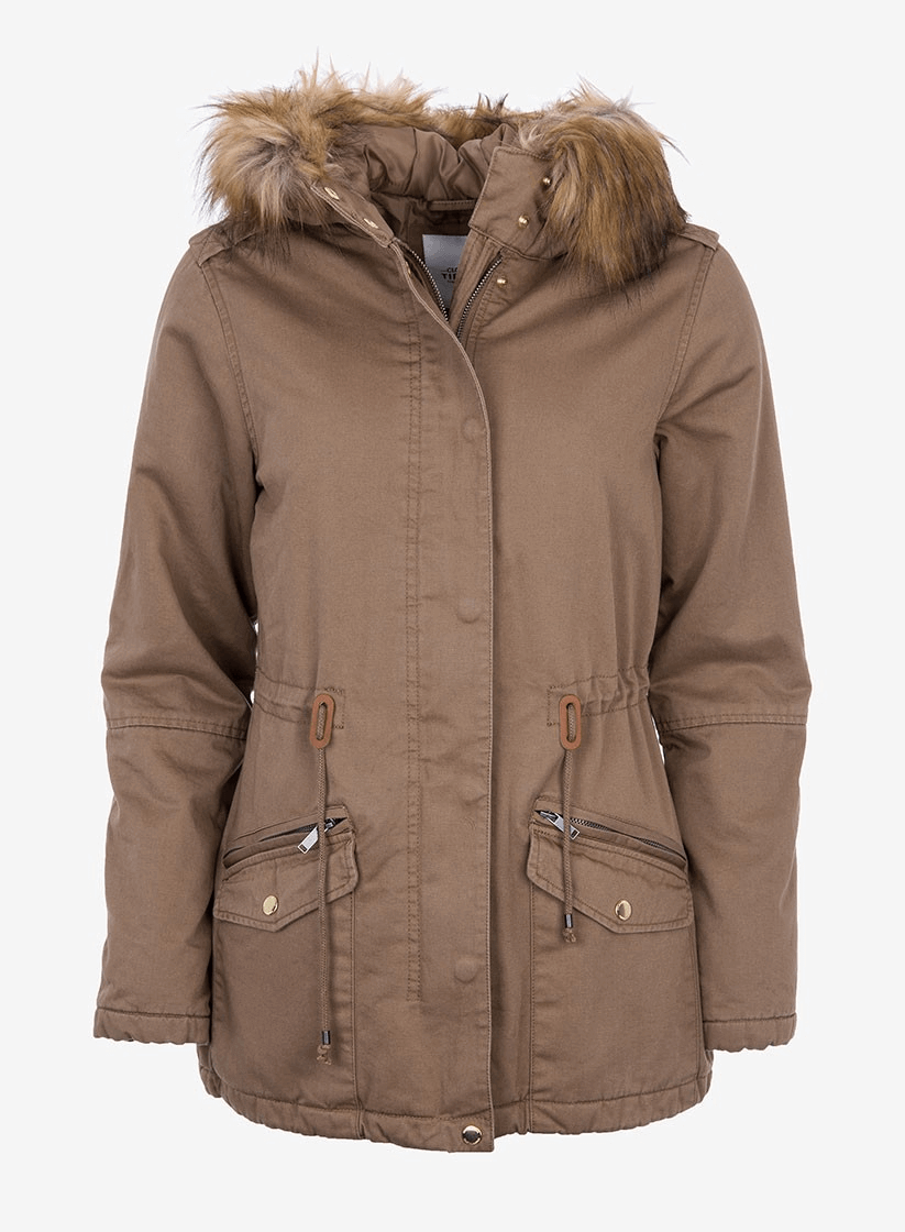 Casaco camel com pelo no capuz para mulher da Tiffosi