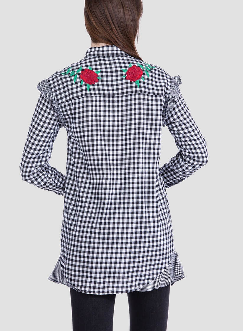 Parte de trás da camisa xadrez bordado floral para mulher da Tiffosi