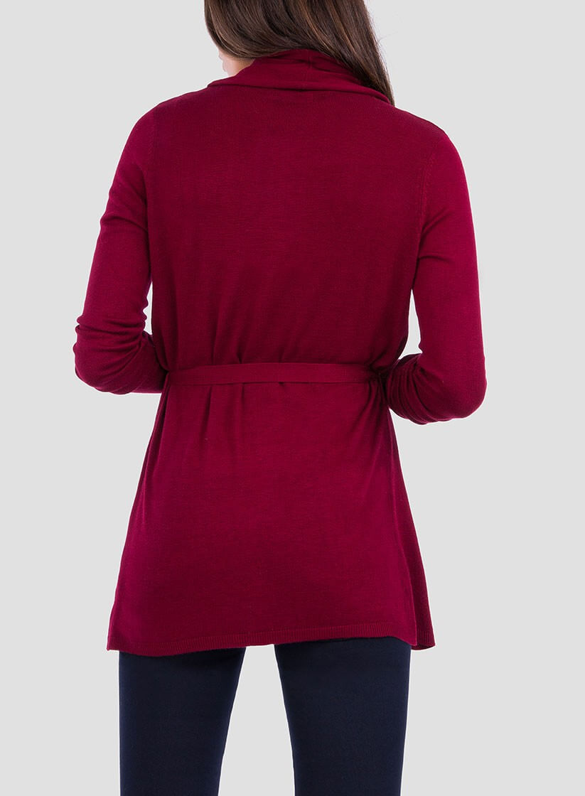 Costas de cardigan bordô com pérolas e cinto para mulher da Tiffosi