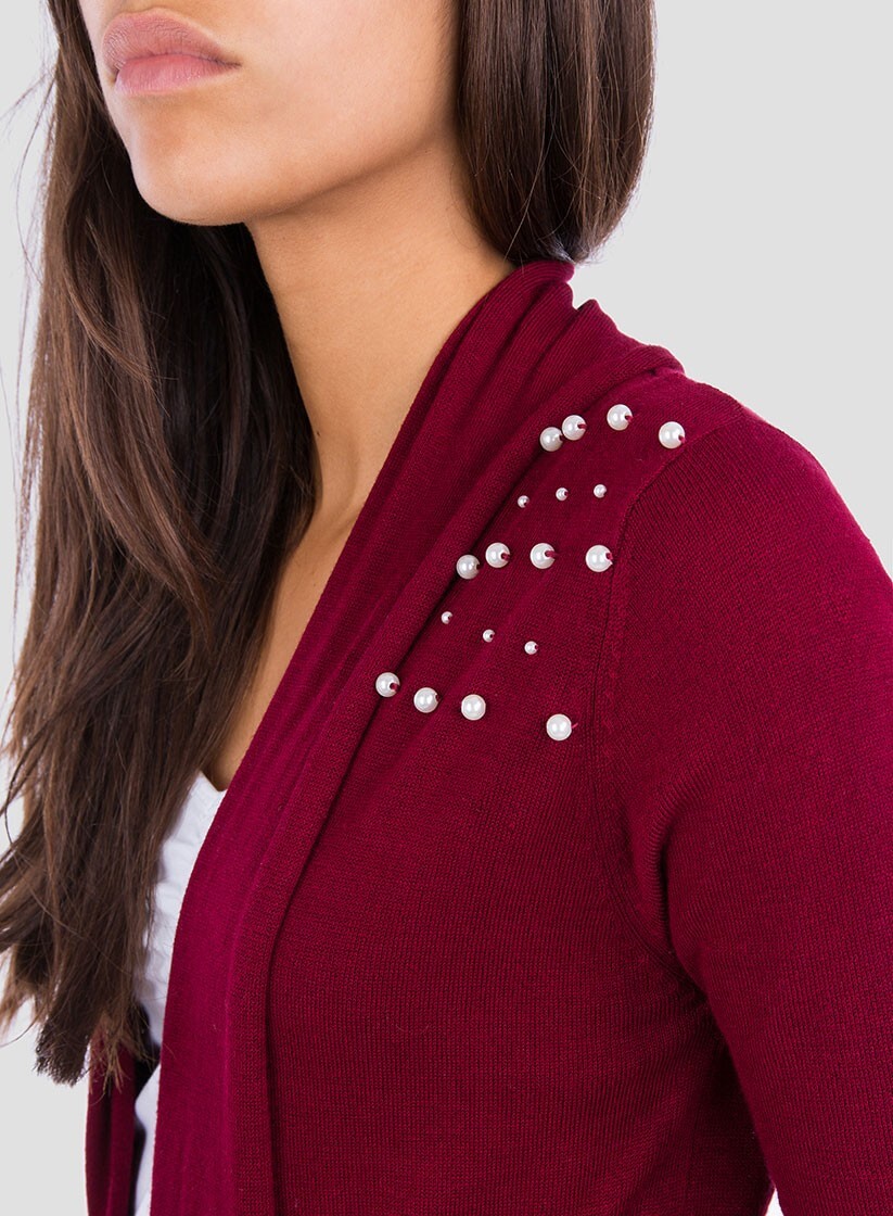 Lateral de cardigan bordô com pérolas e cinto para mulher da Tiffosi