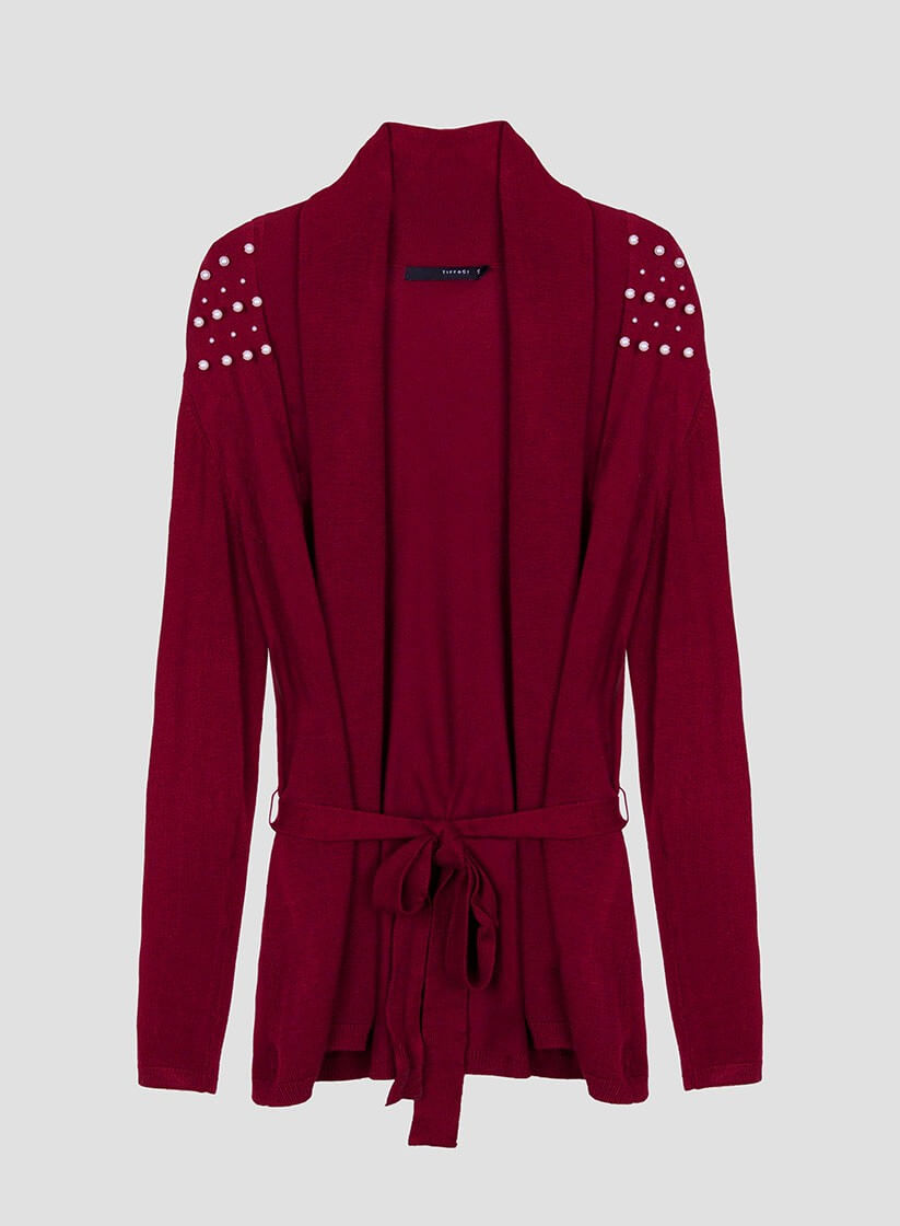Cardigan bordô com pérolas e cinto para mulher da Tiffosi