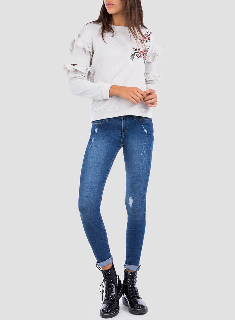Frente da sweatshirt bordado floral folhos para mulher da Tiffosi