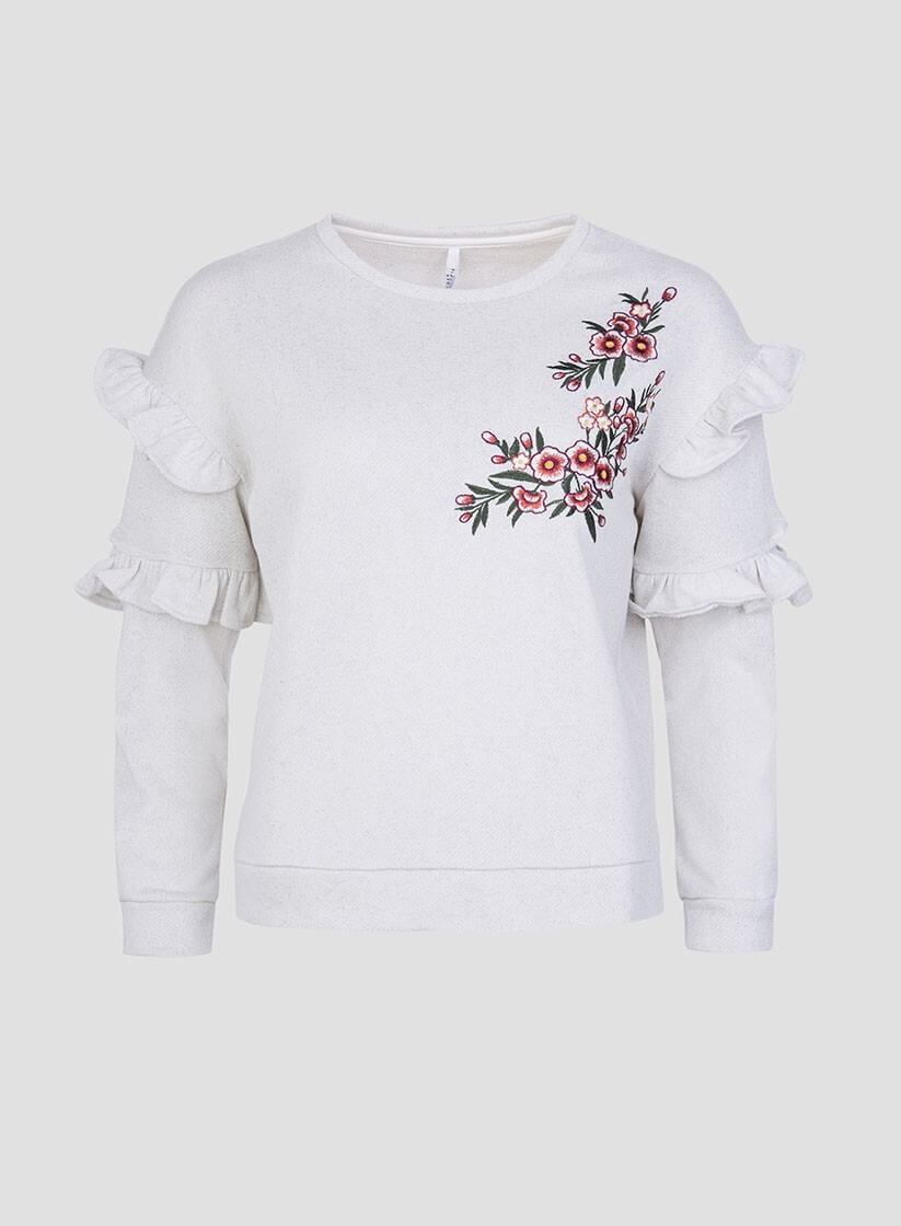 Sweatshirt bordado floral folhos para mulher da Tiffosi
