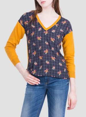 Frente da camisola amarelo de malha combinada com tecido para mulher da Tiffosi