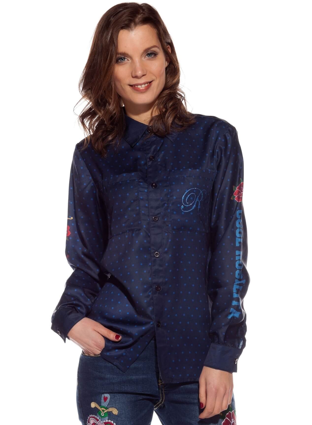 Camisa azul escura com bolas da Rosalita McGee