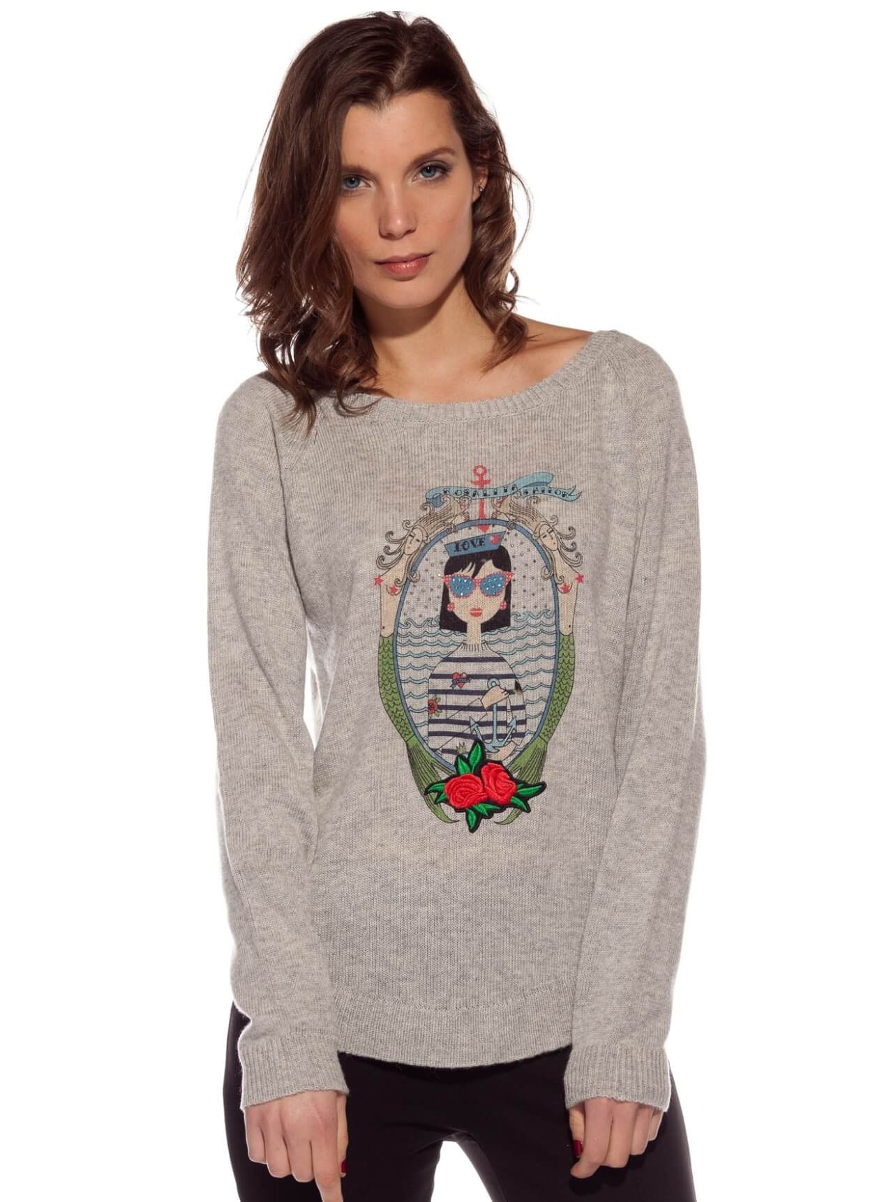 Camisola de malha cinza com estampa da Rosalita McGee