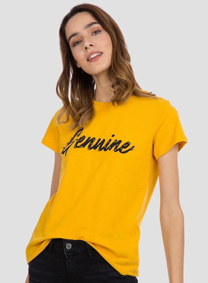 T´shirt amarela com texto e pérolas para mulher da Tiffosi