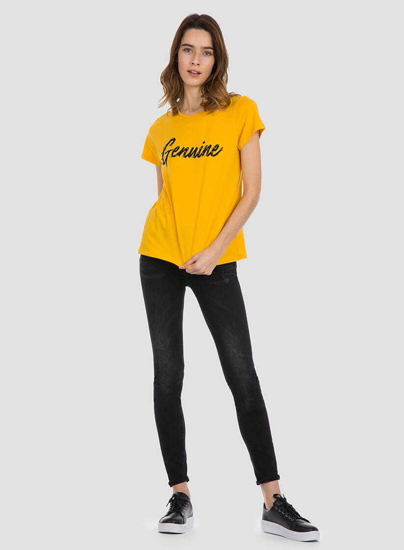 T´shirt amarela com texto e pérolas para mulher da Tiffosi