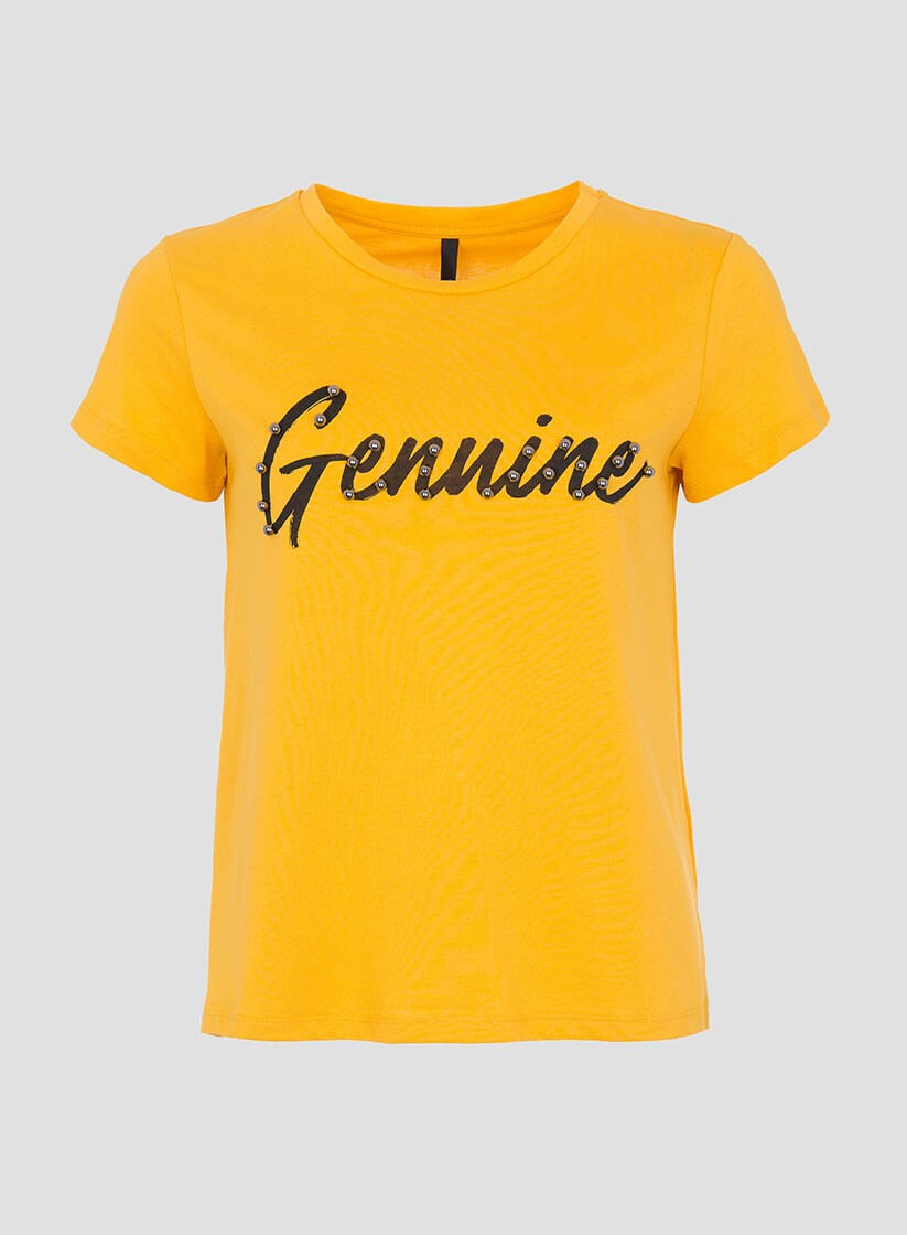 T´shirt amarela com texto e pérolas para mulher da Tiffosi