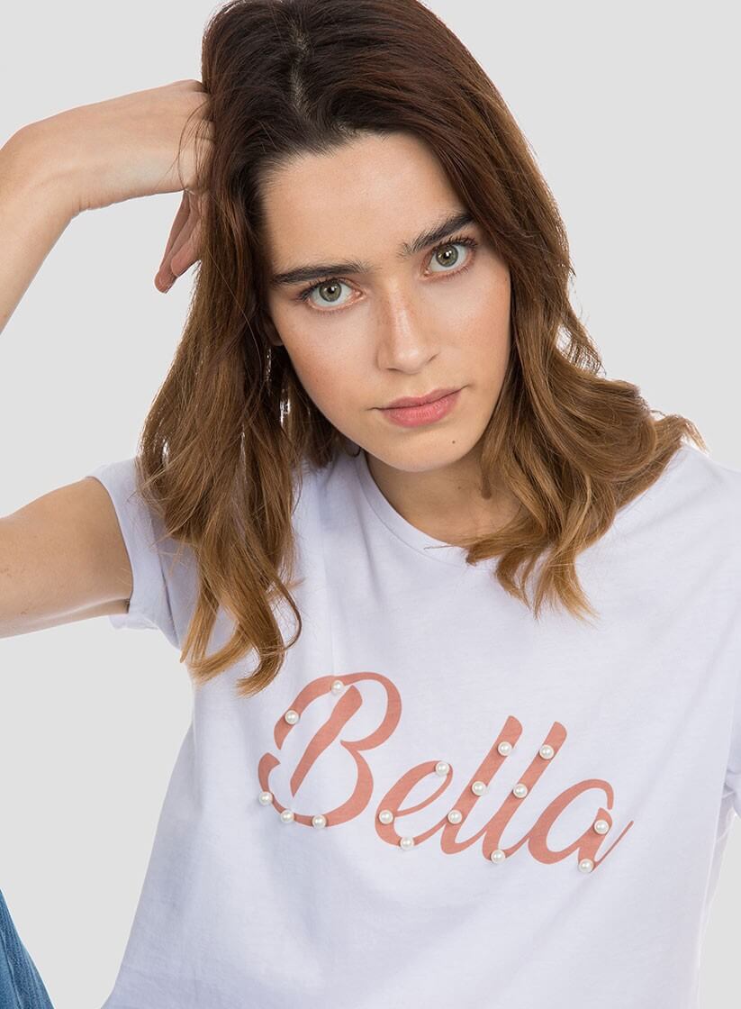 T´shirt branca com texto e pérolas para mulher da Tiffosi