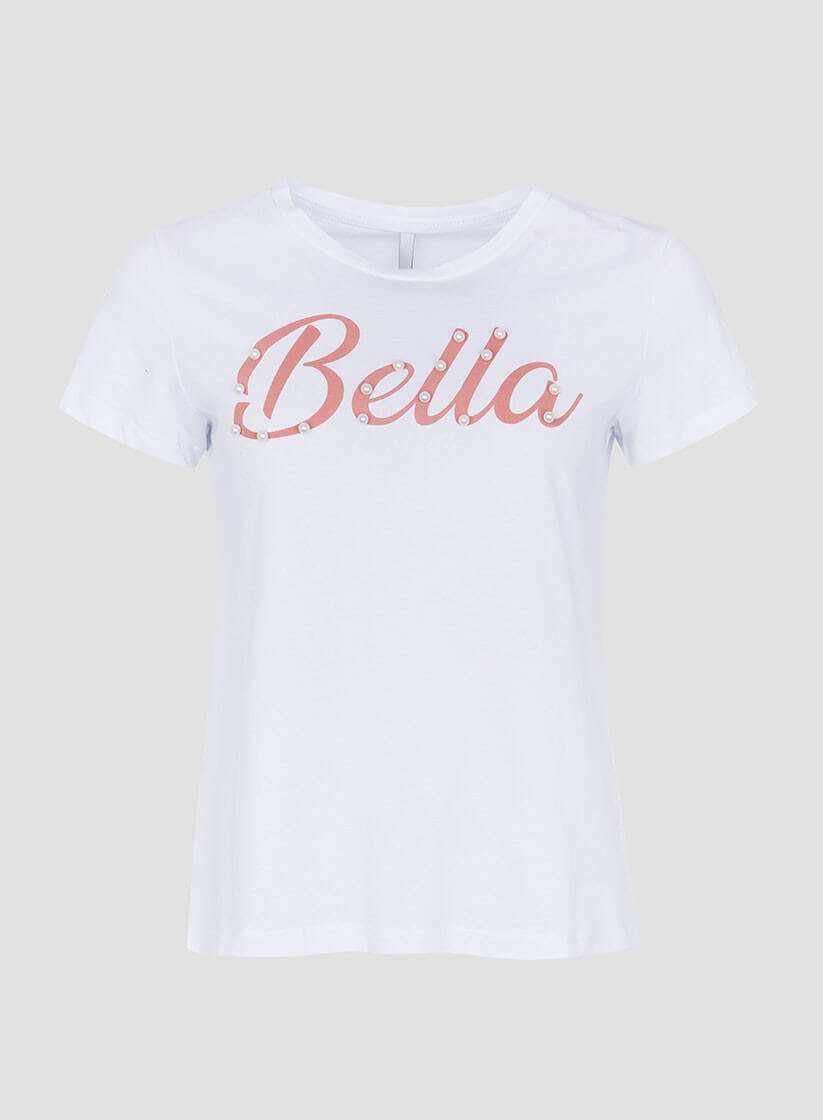 T´shirt branca com texto e pérolas para mulher da Tiffosi