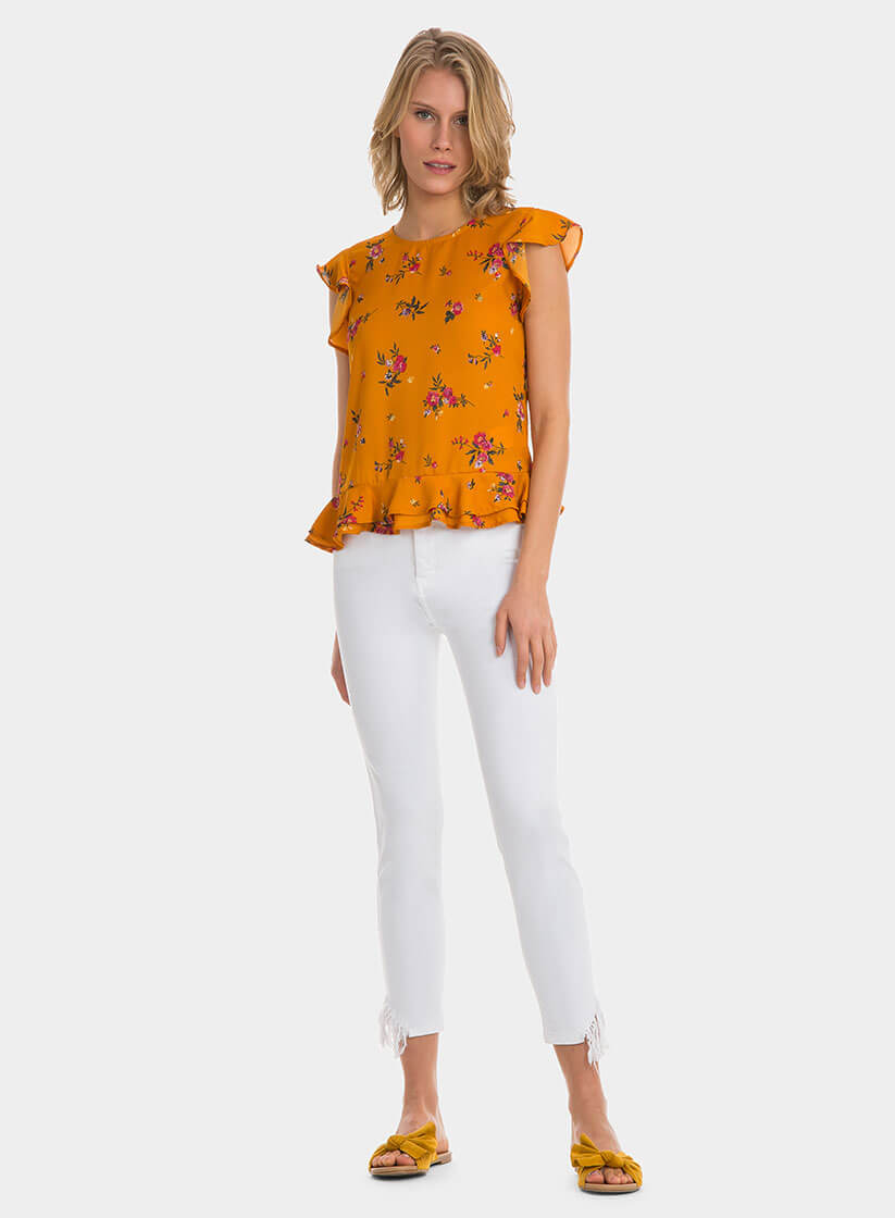 Tope amarelo com print floral e folho da Tiffosi