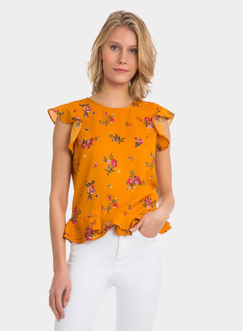 Tope amarelo com print floral e folho da Tiffosi
