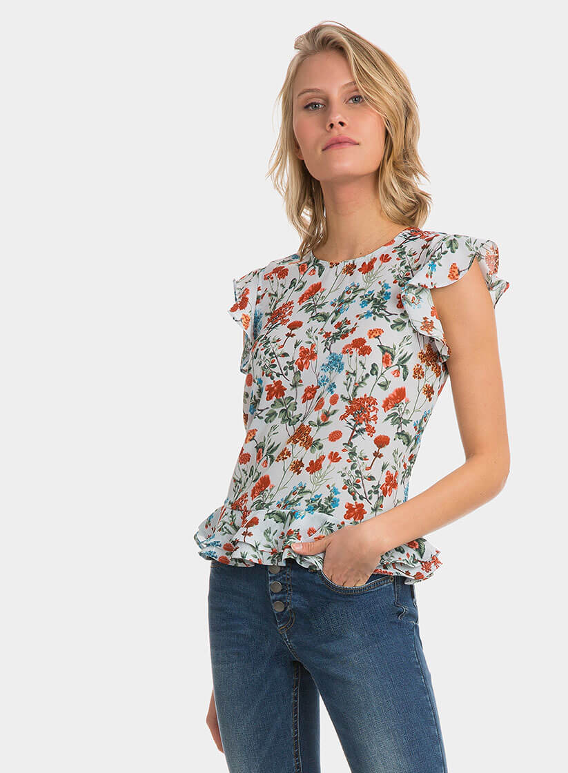 Tope azul com print floral e folho da Tiffosi