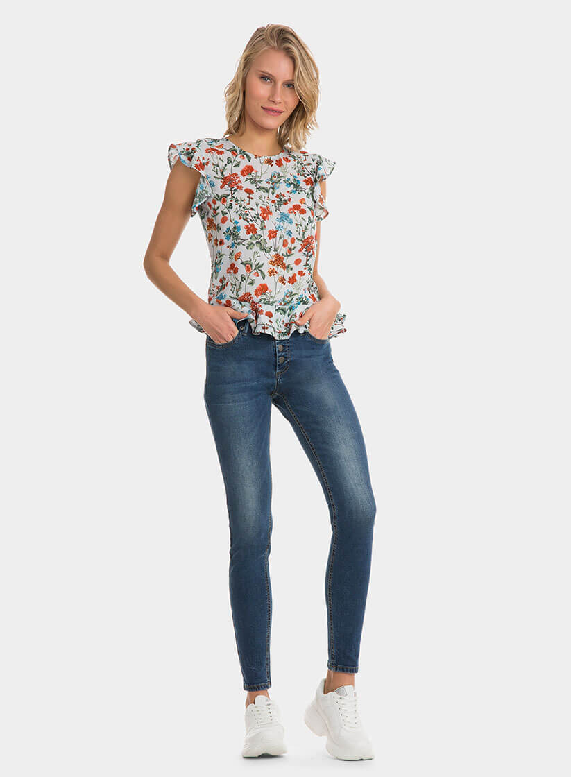 Tope azul com print floral e folho da Tiffosi