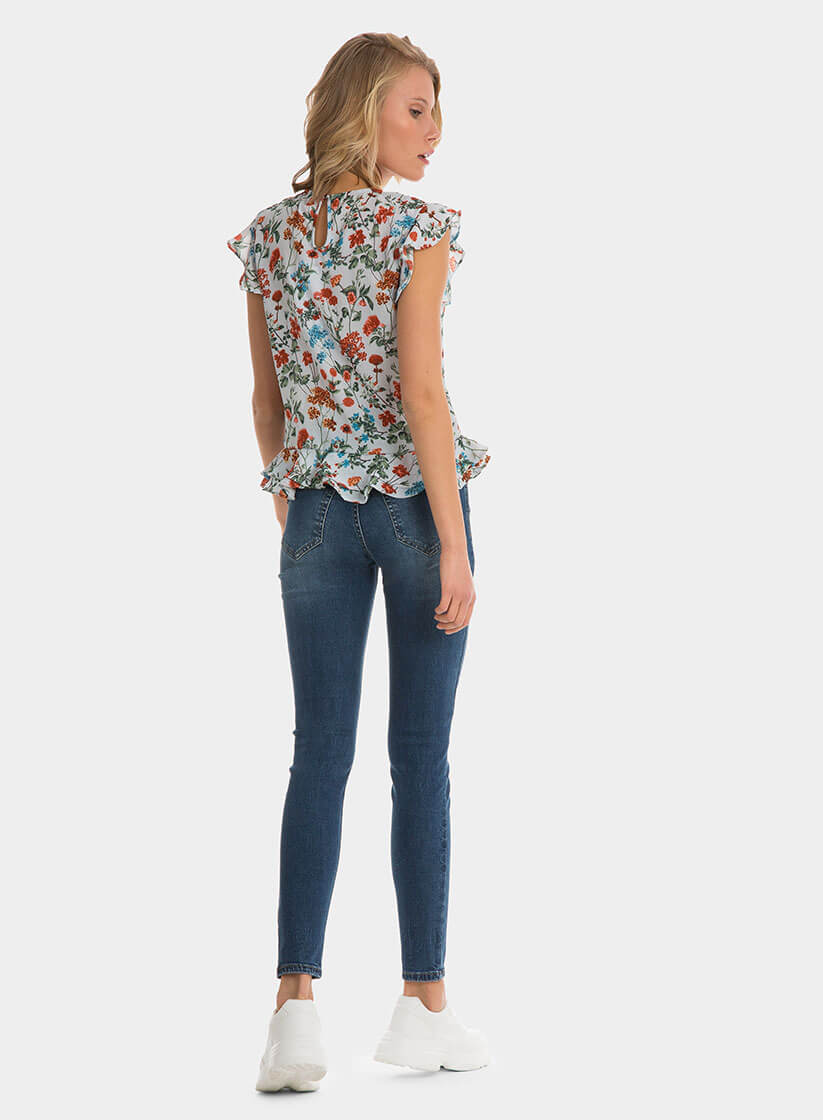 Tope azul com print floral e folho da Tiffosi