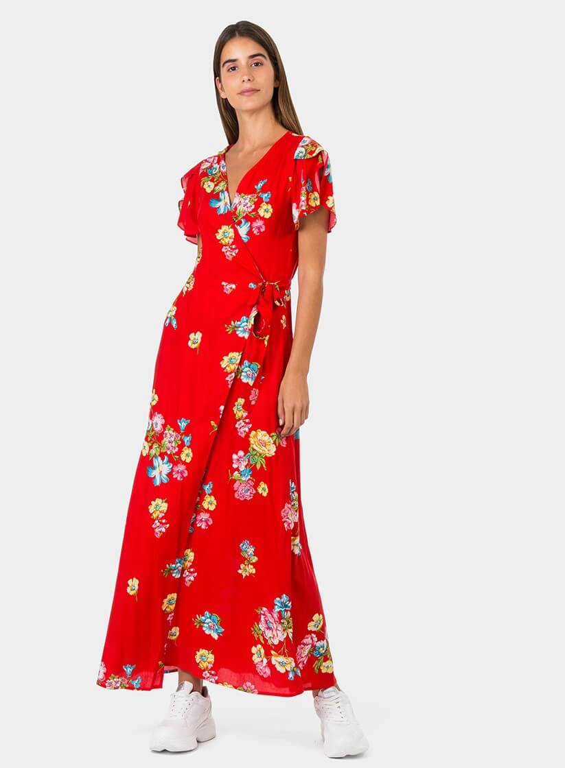 Vestido traçado vermelho com print floral da Tiffosi
