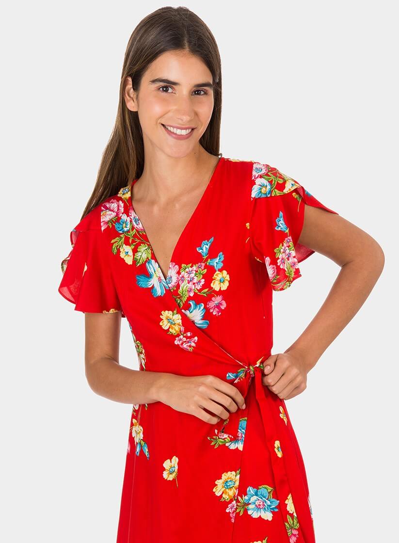 Vestido traçado vermelho com print floral da Tiffosi