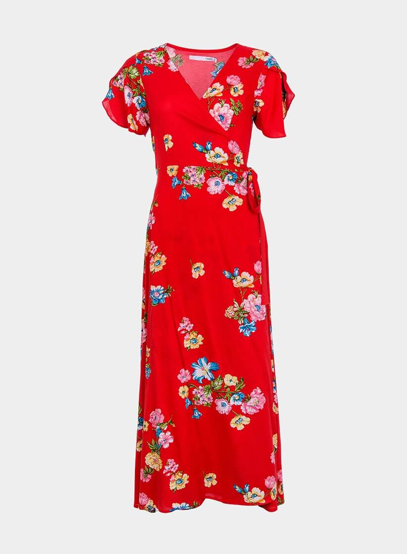 Vestido traçado vermelho com print floral da Tiffosi