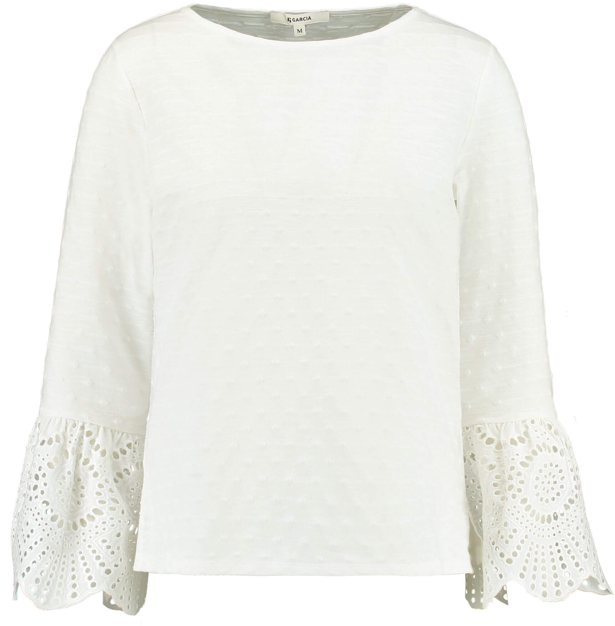 Blusa branca manga com trompete em renda para mulher da Garcia Jeans