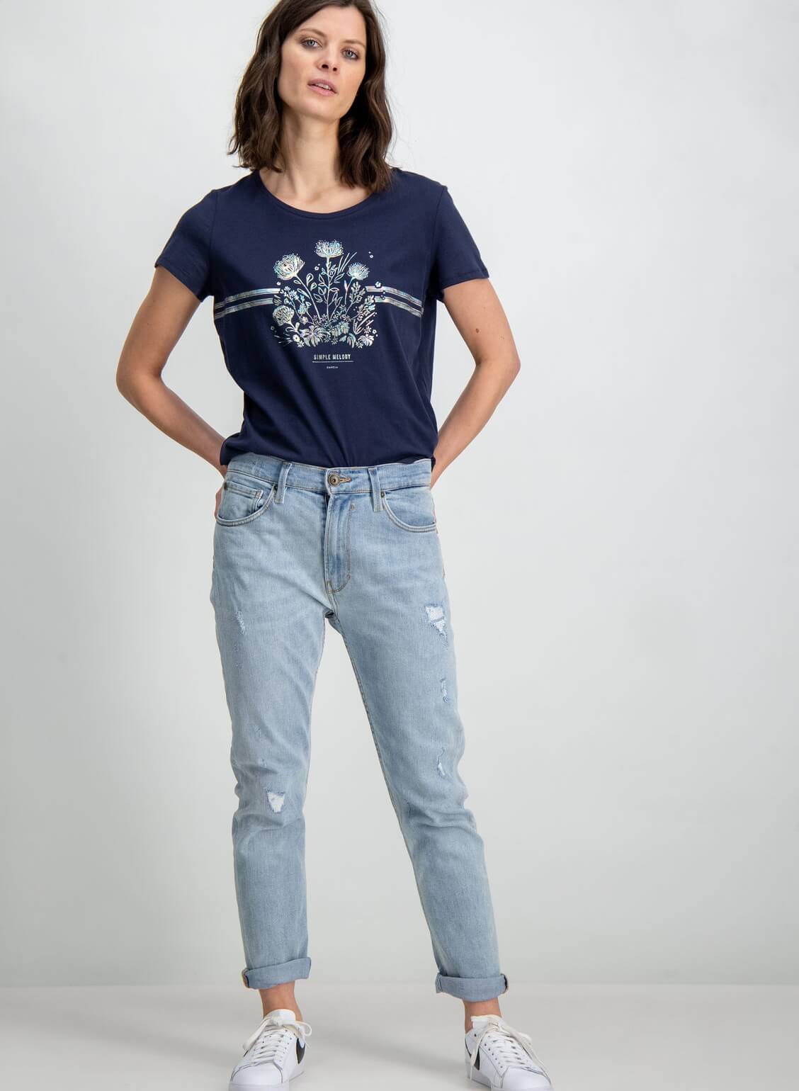 T-shirt azul com print ramo floral para mulher da Garcia Jeans