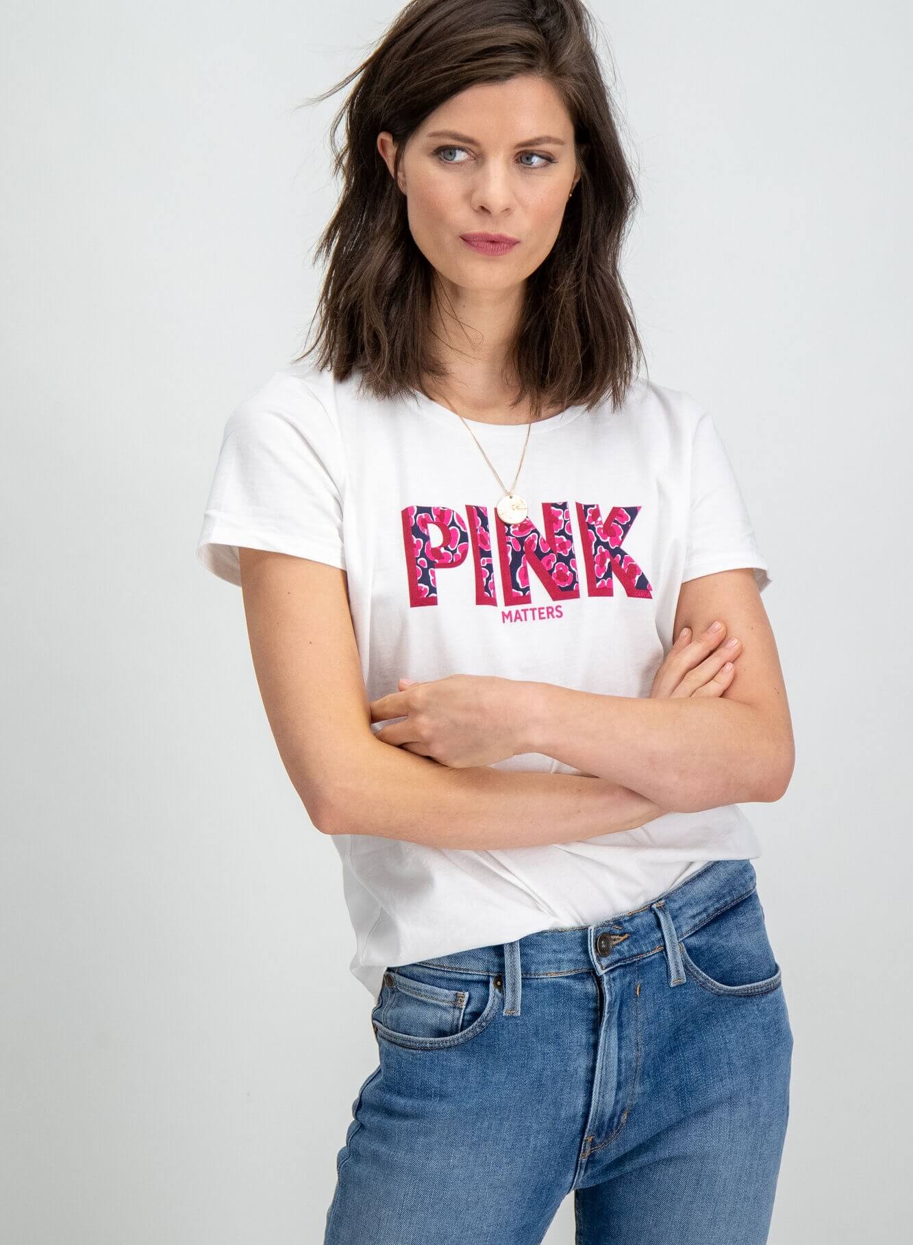 T-shirt branca com matérias rosa para mulher da Garcia Jeans